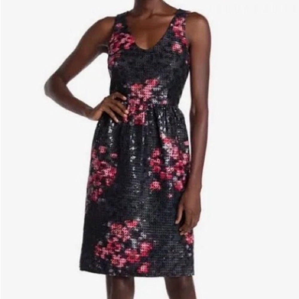 NWT Trina Turk Fresca Black/Pink Floral Sequined Embellished Sleeveless Dress